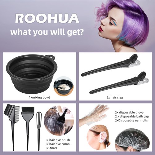 ROOHUA Hair Coloring Kit 12 Pcs Hair Dye Kit - Hair Dye Brush And Bowl Set,Hair Agitator, Hair Clips and Disposable Gloves Shower Caps and Ear Muffs Diy Hair Coloring Tools