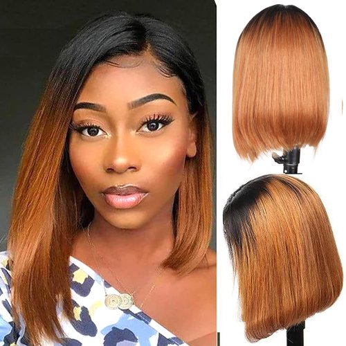 Poditom 14inch 1B/30 Ombre Honey Blonde Bob Wig Human Hair 13x4 Lace Frontal Bob Wigs for Black Women, Pre Plucked, 150% Density Ombre Light Brown Colored (Blonde13x4 Lace Bob Wig 14in)