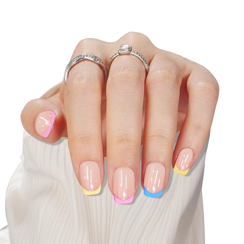Frinail Press on Fake Nails French Color Tips,Cute Press on Short Square Acrylic Glue on Nails Manicure,24PCS 10 Sizes Stick on False Nails Suits Small/Big/Long/Short/Flat/Wide Nail Beds