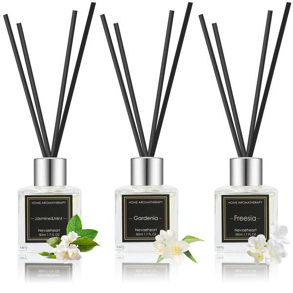 NEVAEHEART Reed Diffuser Set,Gardenia/Freesia/Jasmine & Mint Reed Diffuser Gifts for Women,1.7OZ x 3Packs Reed Diffuser with Sticks, Home Fragrance Reed Diffuser for Home Shelf Decor