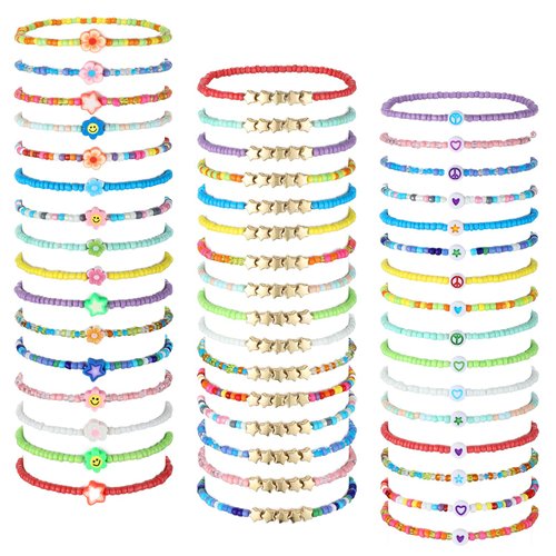Otuuz 48 Pcs Colorful Kids Friendship Bracelet Set Adjustable Beads Bracelets Cute Friendship Princess Pretend Play Bracelet Stretch Beaded Bracelet Preppy Bracelets Set for Girls Women (Cute)