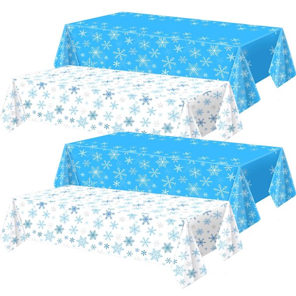 Peryiter 4 Pcs Winter Snowflake Tablecloth Christmas Wonderland Decoration 54 x 108 Inch Blue and White Winter Disposable Dining Table Cover for Christmas Winter Theme Party Supplies