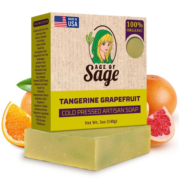 Age of Sage All Natural Bar Soap for Women - Cold Processed Vegan Soap w/Glycerin for Skin Care, Thanksgiving or Birthday Gifts for Women, Tangerine Grapefruit, Single Bar