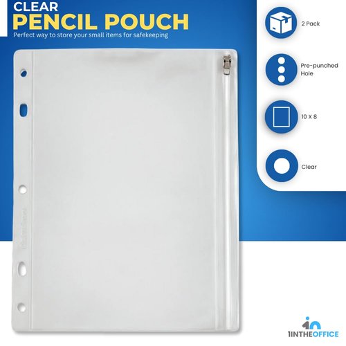 1InTheOffice Zipper Pouch for 3 Ring Binder, Binder Zipper Pocket Pouch, Transparent Binder Pocket, Vinyl Ring Binder Pocket Clear, 10" x 8", (2 Pack)