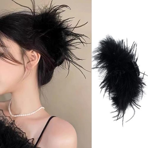 Black Feather Hair Clip Ostrich Fluffy Fur Hair Claw Ponytail Shark Clip for Women Halloween Carnival Birthday Party Daily Hair Accessories Hairpin Headwear
