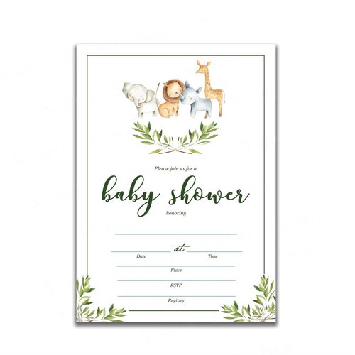 Set of 25 Safari animals baby shower invitations with envelopes. Boy or girl watercolor baby shower party invites featuring greenery, rhino, giraffe, elephant and lion. Simple and elegant theme