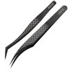 FEITA Diamond Grip Eyelash Extensions Tweezer Lash Precision Tweezers, Japanese Steel Dolphin-shaped & Angled Tip, False Lashes Application Tools, Black 2Pcs