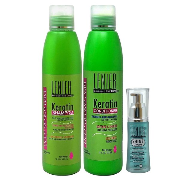 Lenier Keratin Shampoo 17oz + Conditioner 17oz + Gotas Shine Drops 1oz + 1 Comb