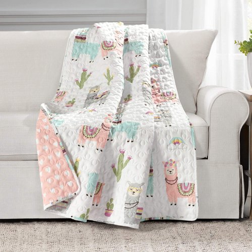 Lush Decor Southwest Llama Cactus Throw Blanket, 50" W x 60" L, White & Blush - Toddler Blanket - Cute Reversible Boho Quilted Throw for Kids Room