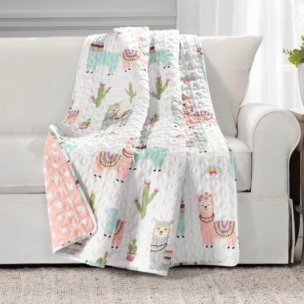 Lush Decor Southwest Llama Cactus Throw Blanket, 50" W x 60" L, White & Blush - Toddler Blanket - Cute Reversible Boho Quilted Throw for Kids Room