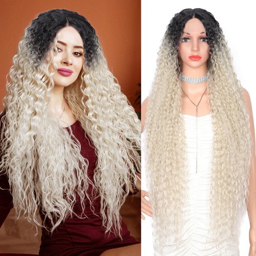Fecihor 40" Super Long Deep Curly Lace Front Wigs for Women Middle Part Human Hair Blended Curly Wavy Wigs Ombre Platinum Blonde Transparent Frontal Lace Wig