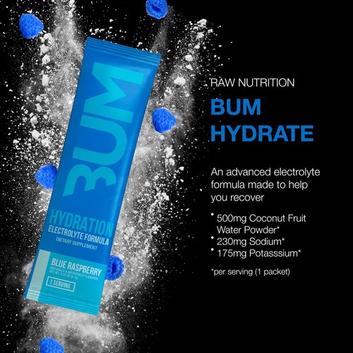 RAW Electrolytes Powder Hydration Drink Mix Packets, BUM Hydrate (Blue Raspberry, 20 Servings), Electrolyte Hydration Packets Support Muscle Function & Endurance, Keto Free Electrolytes Powder Packets