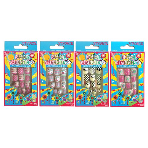 Vivace 4Pack 48Tips Color Changing Under Sun Fake Nails, Artificial Preglued Junior Sticker Nails 11461 etc (Sun 1)