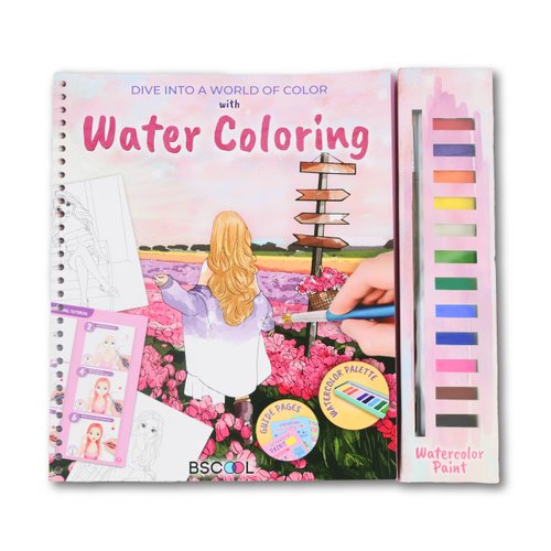 BSCOOL Water Coloring Book – Painting Kits for Kids Ages 5 and up. Watercolor Book with 12 Paint Palettes, 1 Brush, and Guides. Fashion Painting for Girls with 15 Pre-Drawn Models. Gift for Girls Ages 5,6,7,8