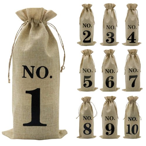 Shintop 10pcs Jute Wine Bags, 14 x 6 1/4 inches Hessian Numbered Wine Bottle Gift Bags with Drawstring for Blind Wine Tasting (Brown)