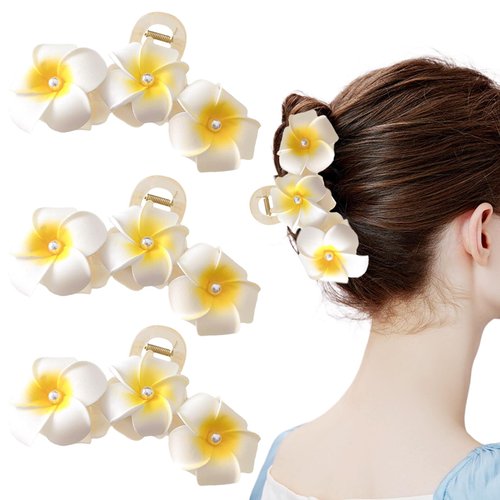 3 PCS Hawaiian Flower Hair Clips Plumeria Hair Clip Hibiscus Flower Hair Clips for Women Girls Thick Thin Hair Beach Hair Accessories Non Slip Strong Hold Hair Catch Clamp Barrettes