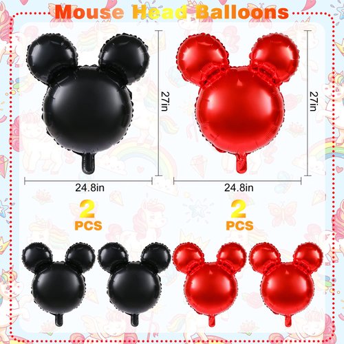 MIKIMIQI 4 Pcs Mouse Head Foil Balloons, 24'' Mouse Mylar Balloon for Birthday Party Decorations Jumbo Mouse Head Aluminum Foil Balloons Party Favors Supplies (Black Red)