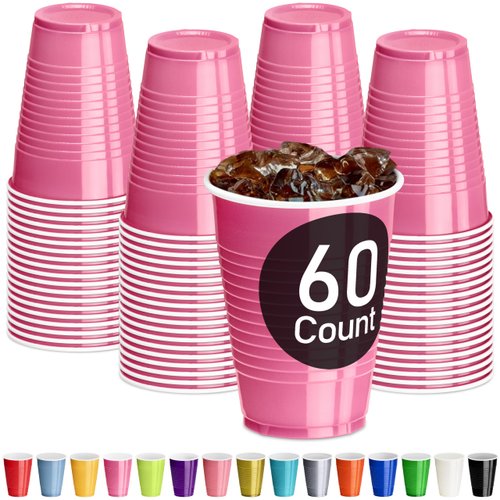 DecorRack 60 Hot Pink Plastic Cups, 12 oz, Disposable Party Cups, Perfect for Birthdays, Bachelorettes, Camping & More, Disposable & Durable for Indoor/Outdoor Events (Pink, 60)