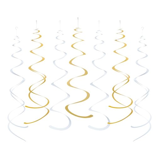 Gold and White Foil Swirl Hanging Decoration Streamer for Birthday Graduation New Year Wedding Party Supplies, Pack of 20