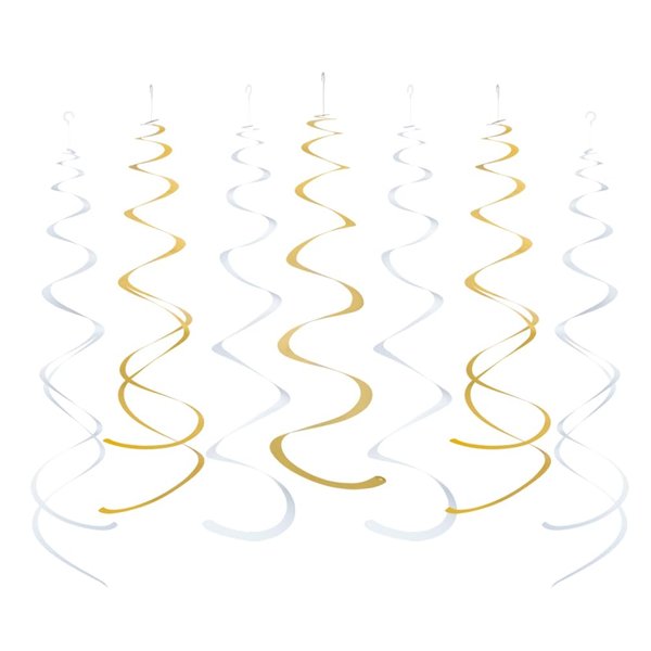 Gold and White Foil Swirl Hanging Decoration Streamer for Birthday Graduation New Year Wedding Party Supplies, Pack of 20