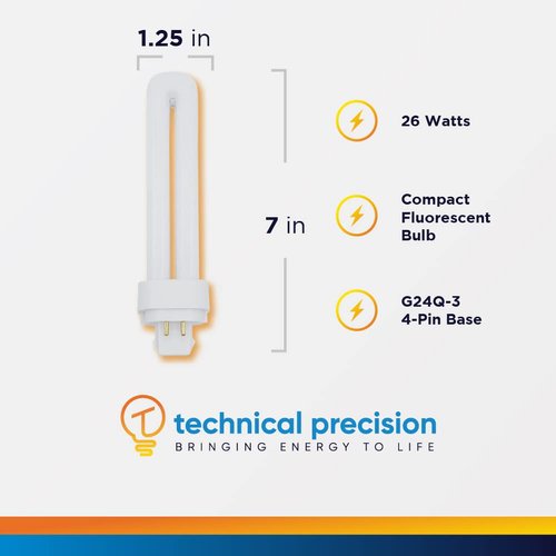 Technical Precision 26W CFL Bulb Replacement for Philips Pl-c/4p 26w/835 USA 7 Inches T4 Twin-Tube Compact Fluorescent Light Bulb - G24Q-3 4-Pin Base - 3500K Standard White - 1 Pack