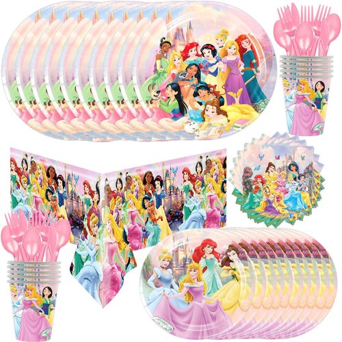 Princess Birthday Party Supplies Decorations for Girls Princess Birthday Tableware Includes Party Plates, Paper Cups, Knives, Forks and Spoons and Princess Tablecloth, Pink, 9“, BING-TZCY030