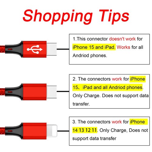 4FT USB A to Multi Type C Splitter Cable,3 in 1 Multi Charging Cable Red Nylon Cord,USB A to 2xUSB C+ Lightnning Port Compatible with Apple i-Phone 15,iPad Pro/Air,Sam-Sung S24,Moto,Google