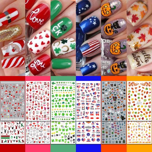 IDDFEVE 30 Sheets All Holiday Nail Art Stickers, Variety Pack Seasonal Nail Decals for All Year, Self-Adhesive Pegatinas Uñas St. Patrick's Independence Day Halloween Fall Christmas Heart Design