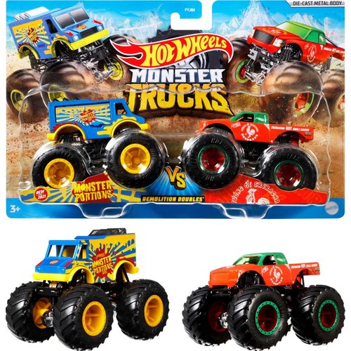 Hot Wheels Monster Trucks Toy Trucks 2-Pack, Demolition Doubles Set of 2 Vehicles in 1:64 Scale, for Kids & Collectors (Styles May Vary)