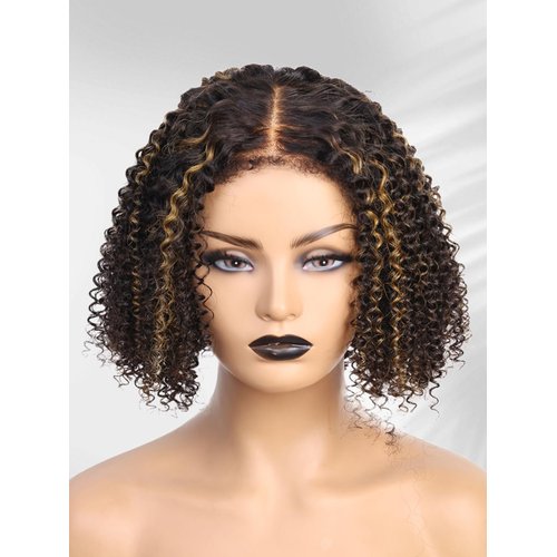 Derun 4C Kinky Edge 180% Density Afro Kinky Curly Bob 13x6 Lace Front Wig Human Hair Hightlight 1B30 Glueless Lace Wigs Pre Plucked Bleached Tiny Knots with Elastic Band for Black Women (8 Inch)