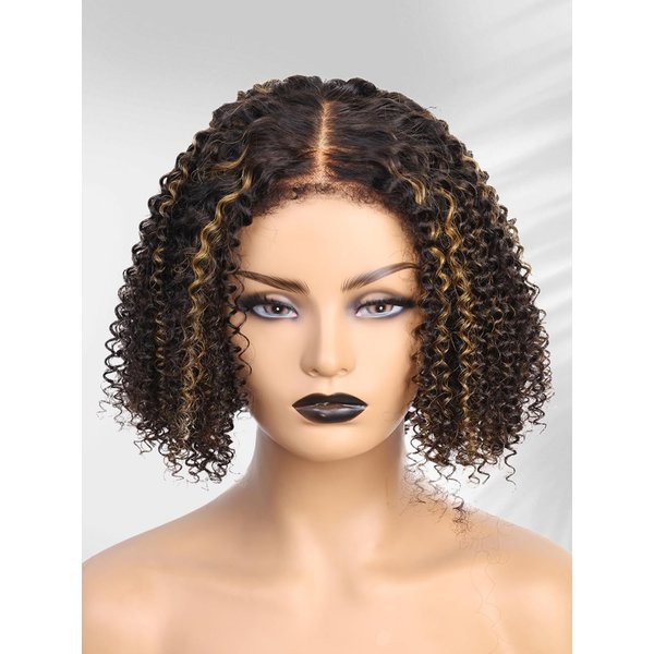 Derun 4C Kinky Edge 180% Density Afro Kinky Curly Bob 13x6 Lace Front Wig Human Hair Hightlight 1B30 Glueless Lace Wigs Pre Plucked Bleached Tiny Knots with Elastic Band for Black Women (8 Inch)
