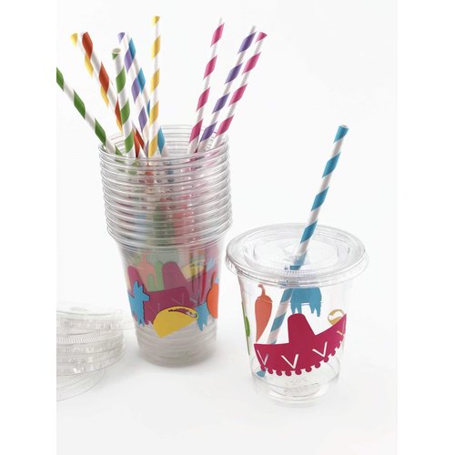 Fiesta Party Cups - Set of 12 with Lids Paper Straws Taco Birthday Baby Shower
