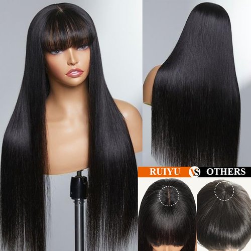 Ruiyu Wigs with Bangs Human Hair Glueless Wear and Go Straight 2x4 Lace Closure Front Human Hair Wigs with Bangs 100% Brazilian Virgin Human Hair Wigs for Women 180% Density 18 Inch