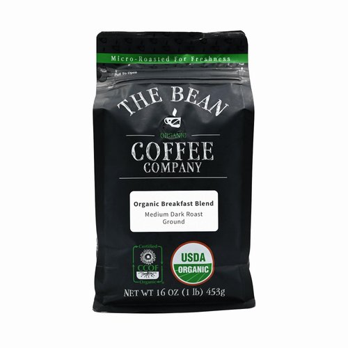 The Bean Organic Coffee Company Breakfast Blend, Medium Dark Roast, Ground Coffee, 16-Ounce Bag, Café molido tostado orgánico
