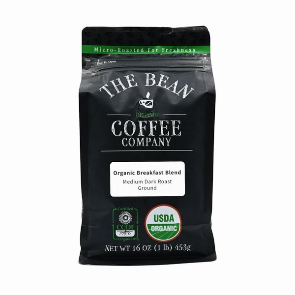The Bean Organic Coffee Company Breakfast Blend, Medium Dark Roast, Ground Coffee, 16-Ounce Bag, Café molido tostado orgánico