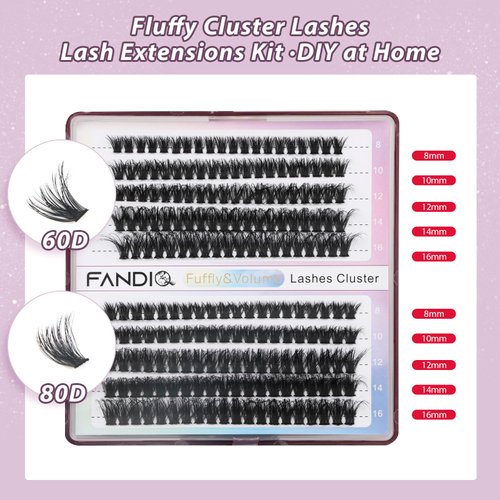 FANDIQ Cluster Lashes Extension Kit,200PCS Individual Eyelash Extension Kit 8-16MIX Fluffy DIY Lash Clusters D Curl Wisper Lashes Kit with Lash Bond and Seal Lash Tweezers for Self Use(30D&40D MIX)