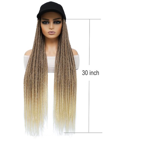 AliRobam Hat Wig Baseball cap with 30inch long Box Braiding hair Extensions attached for woman Black cap wig Braided Wig Hairstyle Adjustable Size (B Ombre Blonde, 30inch)