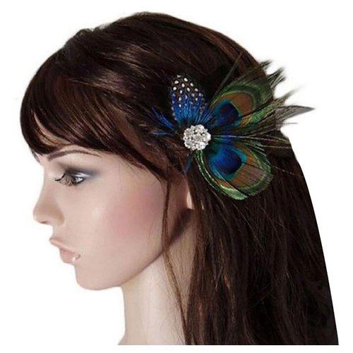 Women Bohemian Peacock Feather Hair Clip Hair Pin Elegant Fascinator Wedding Dance Party Headdress Headwear Hair Accessory Sequined Showgirl Headpiece (Style 3)