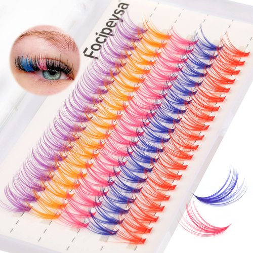 Focipeysa Colored Cluster Lashes C Curl 14mm With Mixed White Pink Blue Purple Red Individual Lashes DIY Eyelash Extension Natural Look Soft DIY at Home
