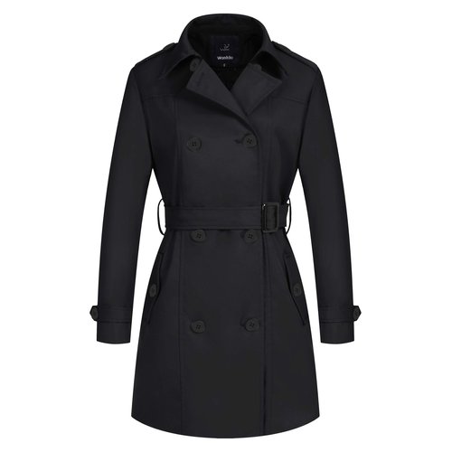wantdo Women Double Breasted Peacoat Long Trench Coat with Belt Black Medium