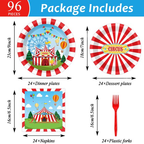 Tevxj 96PCS Circus Tableware Set Carnival Theme Dinnerware Disposable Dessert Plates Carnival Circus Party Plates Napkins Forks for Boys Girls Party Decorations Supplies 24 guests