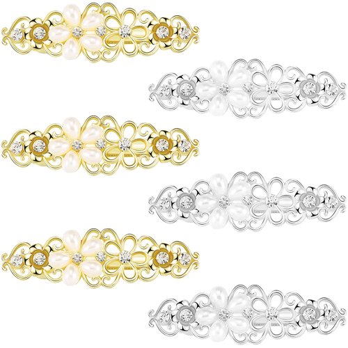 Geosar 6 Pieces Pearl Hair Barrettes Rhinestone Bridal Hair Clips French Barrette Silver Gold Crystal Vintage Hair Pins Decorative Hair Accessories for Women Wedding Bride Bridesmaid