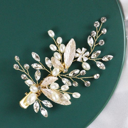 Brihasory Vintage Flower Hair Clips for Women or Girls Gold Leaf Wedding Hair Accessories for Brides Pearl Tiaras Bridal Headpieces 90s Party Prom Curly Hair Decoration Bridesmaid Gifts (Gold)