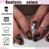Halloween Press on Nails Short Square Black Halloween Fake Nails with Glue White Ghost and Yellow Flowers Design Halloween Nails Stick on Nails for Women 24pcs Black Halloween Short Press ons Nails