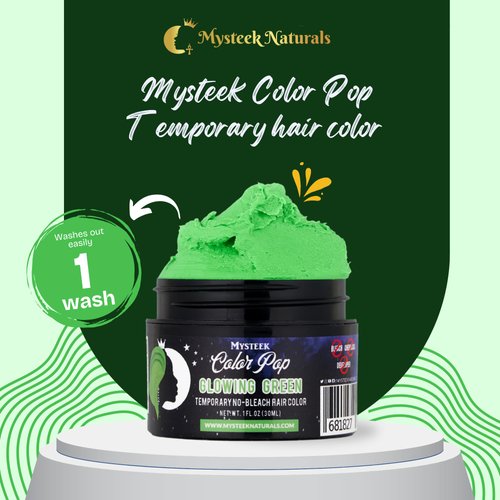 Mysteek Color Pop Temporary Hair Color for Dark Hair or Light Hair, Natural Hair Coloring with No Hair Bleach, Wash Out Hair Color, Mysteek Naturals (1 Fl Oz, Glowing Green)