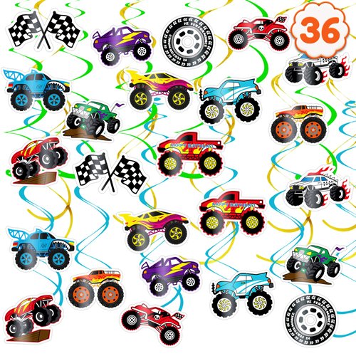 36PCS Monster Truck Hanging Swirls Themed Theme Birthday Party Decorations Favors Decor Supplies Little Racing Car Swirl for Kids Boys Girls Baby Shower Backdrop Classroom Ceiling Foil