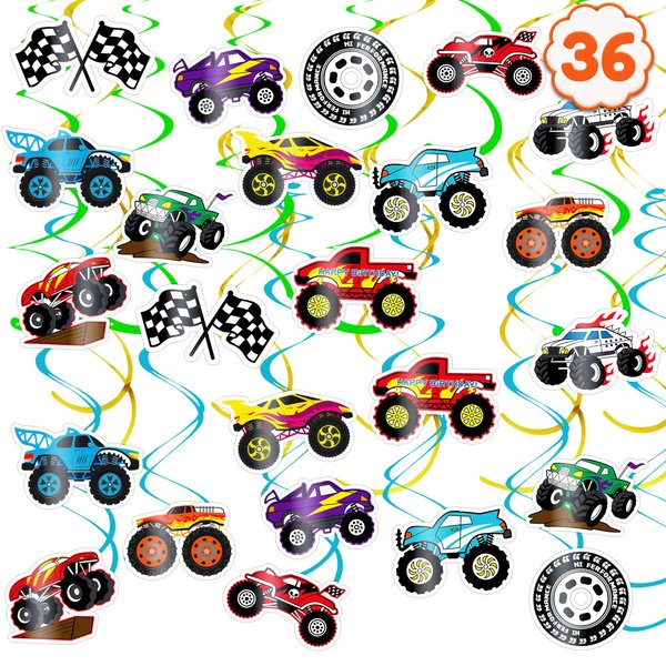 36PCS Monster Truck Hanging Swirls Themed Theme Birthday Party Decorations Favors Decor Supplies Little Racing Car Swirl for Kids Boys Girls Baby Shower Backdrop Classroom Ceiling Foil