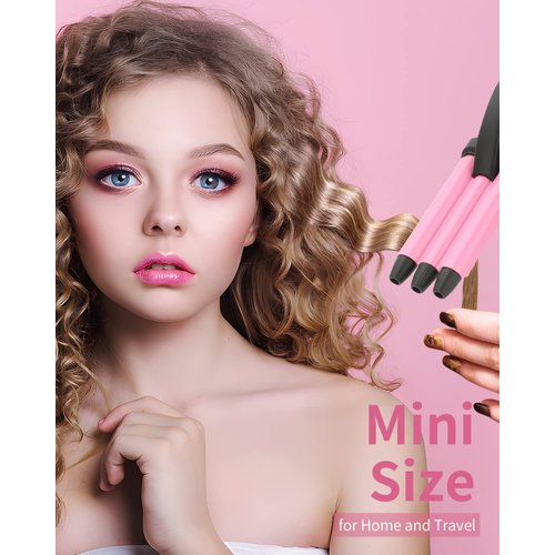 Mini 3 Barrel Curling Iron, Dual Voltage Triple Barrel Hair Waver for Home and Travel, Ceramic Tourmaline 1/2 Inch, Pink