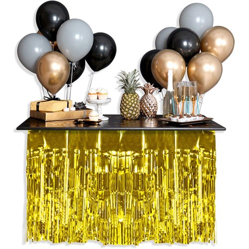 PUZINE 2 Pack Metallic Foil Fringe Table Skirt Tinsel Party Table Skirt Banner for Parade Floats Mardi Gras Party Decoration（L108 inH 29in） (Gold, 2pack)