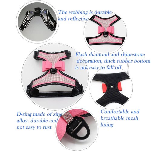 FUNAT Reflective Dog Harness with Rhinestone, Cute Bling Ties Dog Harness Dog Leash, Reflective Chest Strap with Shiny Bow
